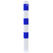 Barrier bollard | as e-charging station protection |  89 mm | hot-dip galvanized and white powder-coated with 3 blue reflective strips foil type RA1/A | To be fixed by plugs